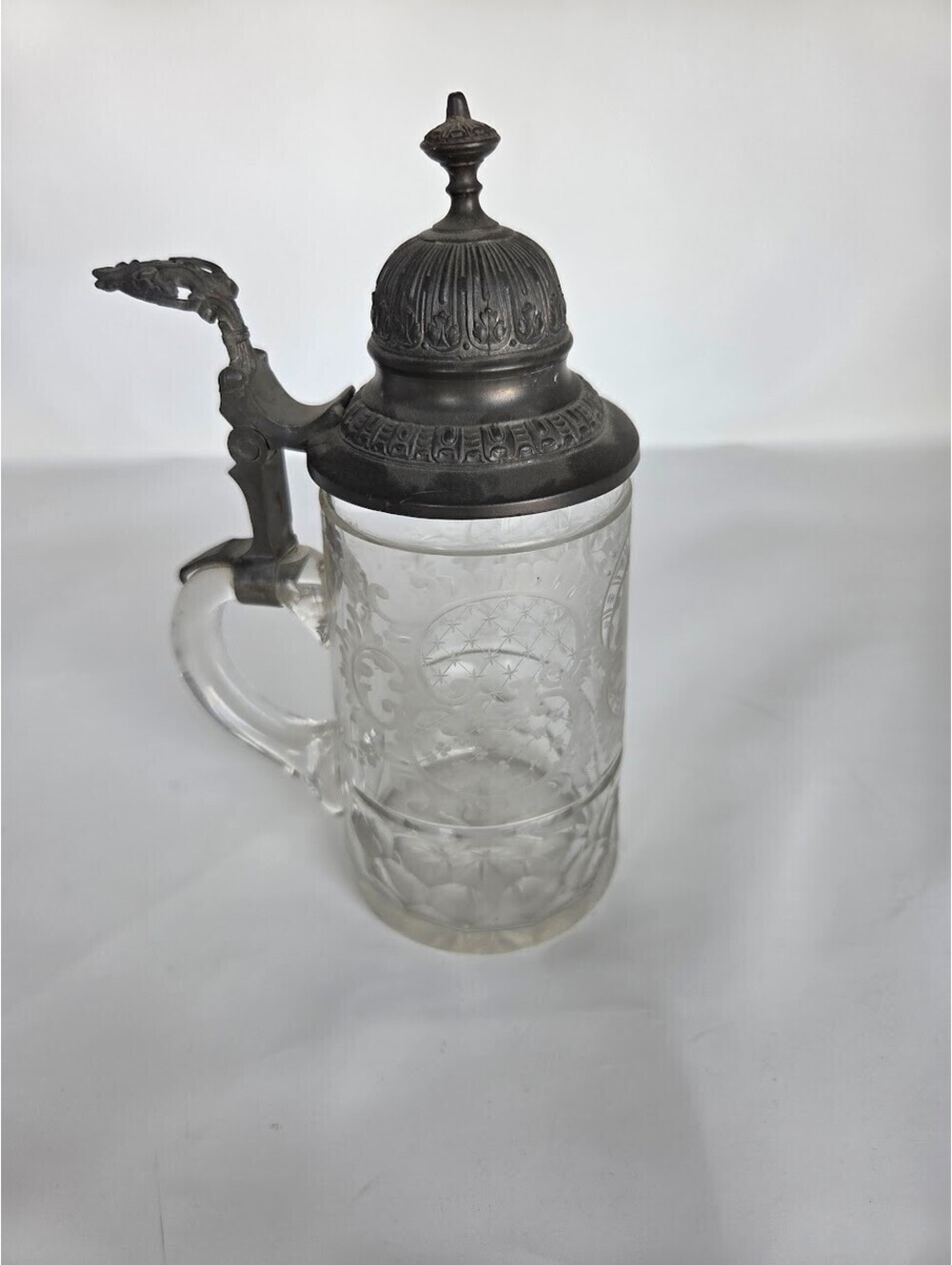 Antique Cut Glass Stein with Ornate Pewter Lid and Thumb Lever Beer Mug